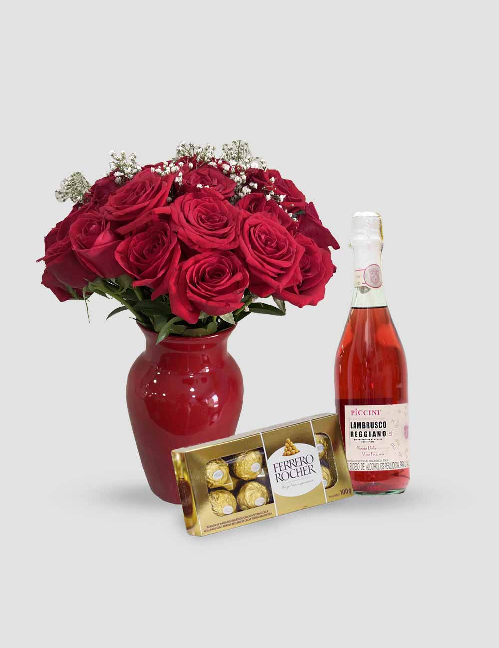 Rosas Rojas, Chocolates y Vino.